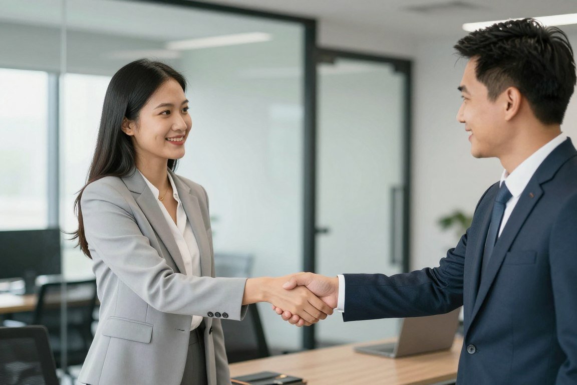 Business partnership handshake in modern office