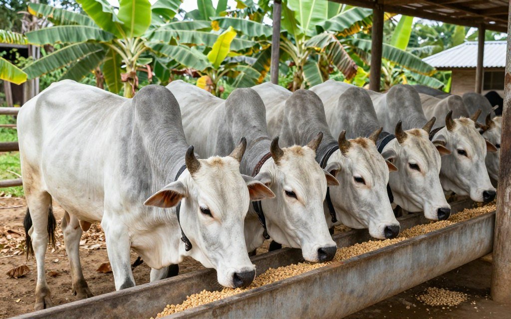 Cattle consuming supplement pellets from manual pellet machine production