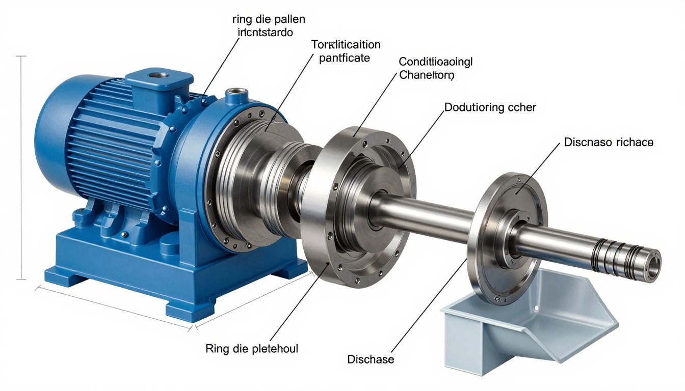 Detailed technical diagram showing pellet machine components and specifications for Philippine customization