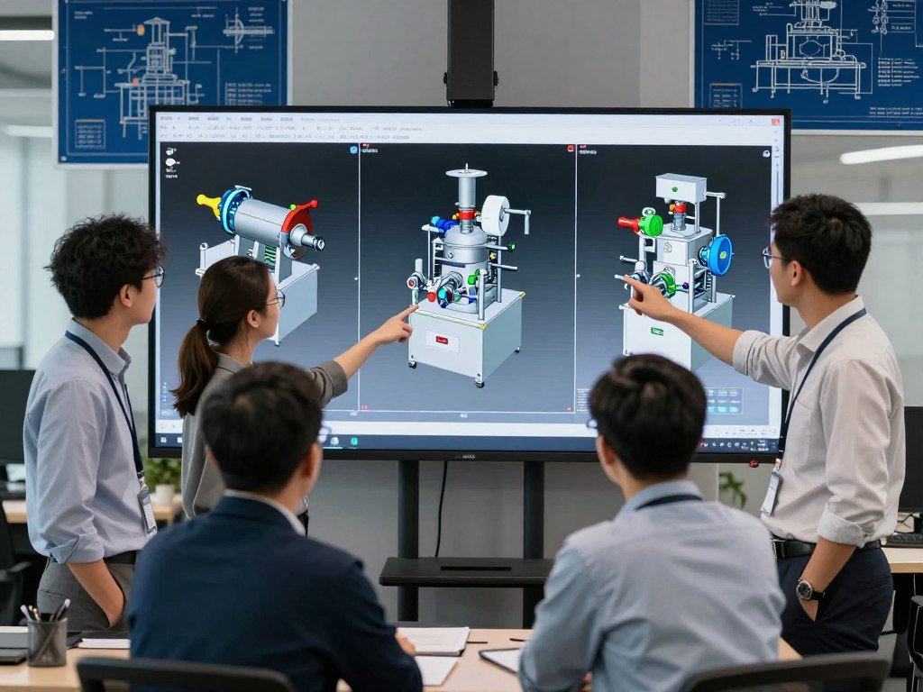 Engineering team reviewing custom pellet machine OEM design specifications on digital screens