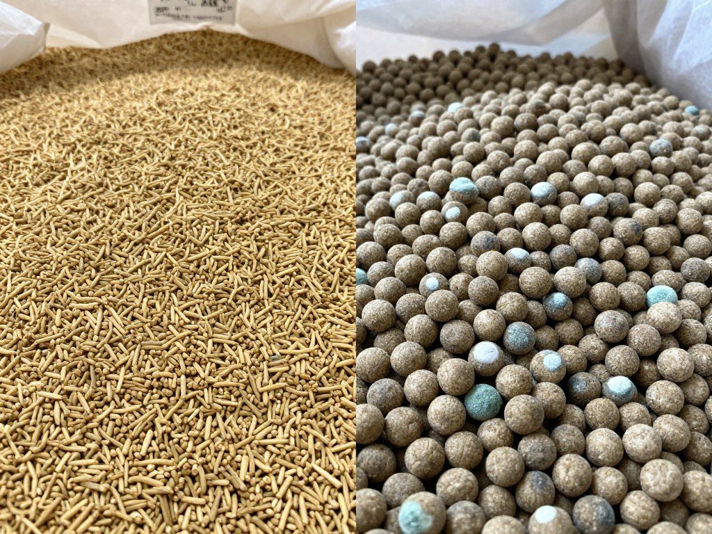 Feed pellets in storage affected by Philippines tropical humidity