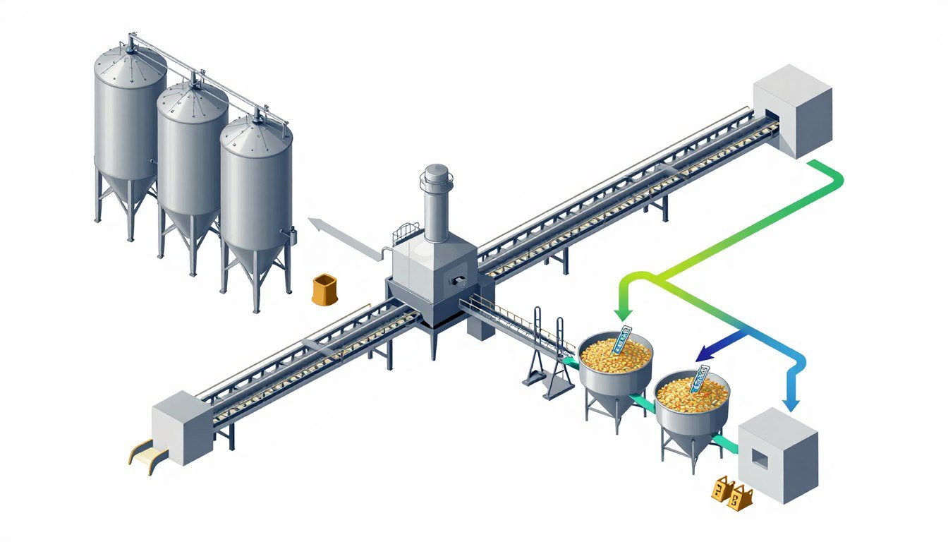 Isometric diagram of complete feed pellet production line layout