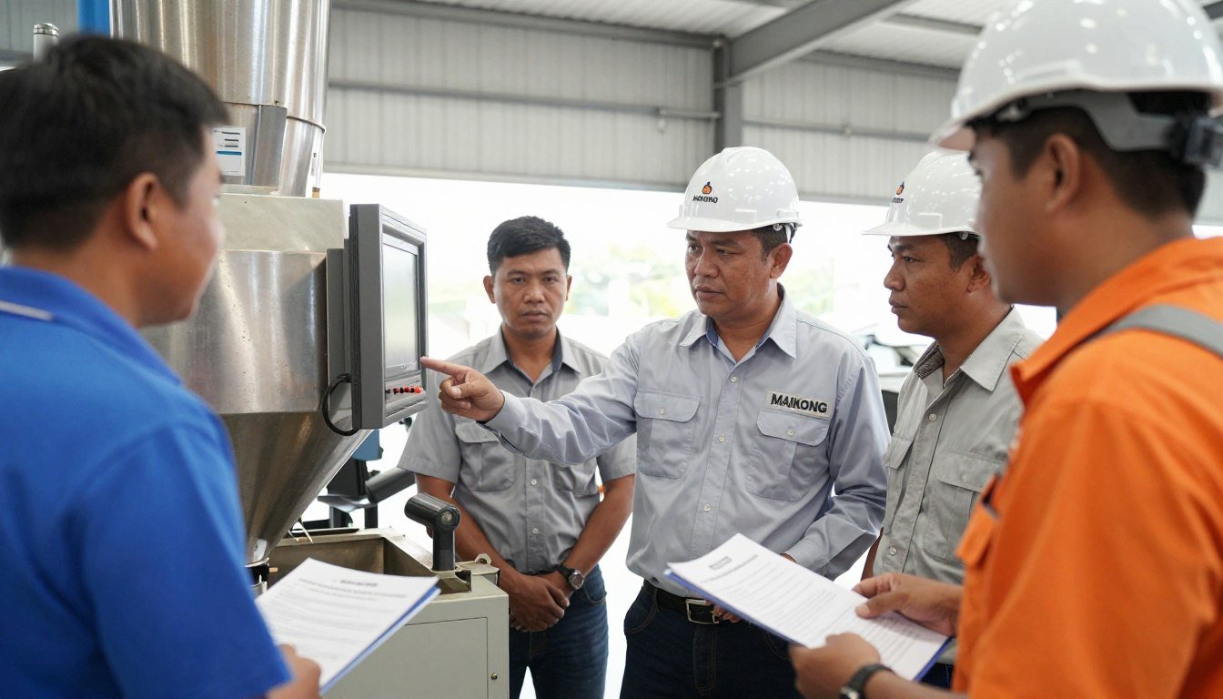 MAIKONG technician training Philippines operators on feed pellet machine operation