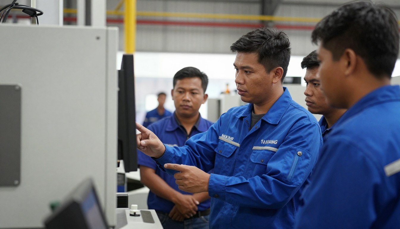 MAIKONG technician training client on pellet machine operation
