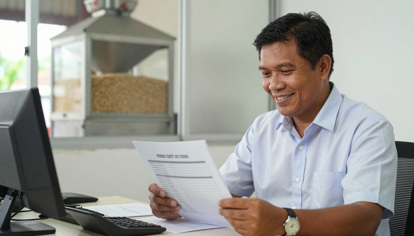Philippine farm owner reviewing feed cost savings documentation