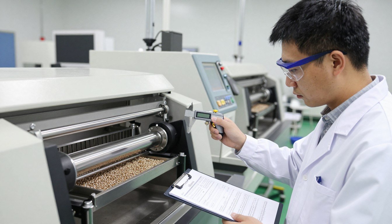 Quality control technician testing assembled pellet machine in MAIKONG factory with measurement equipment