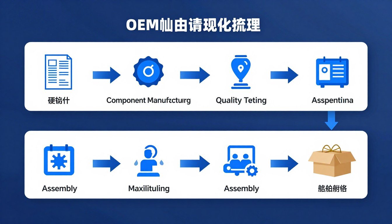 Step-by-step OEM pellet machine manufacturing workflow diagram showing design to delivery stages
