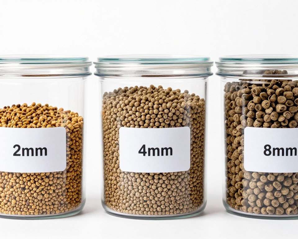 Three containers showing different sized feed pellets for poultry, fish, and cattle