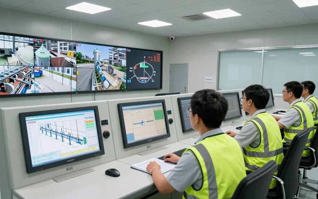 Workers operating modern feed pellet production line control panel