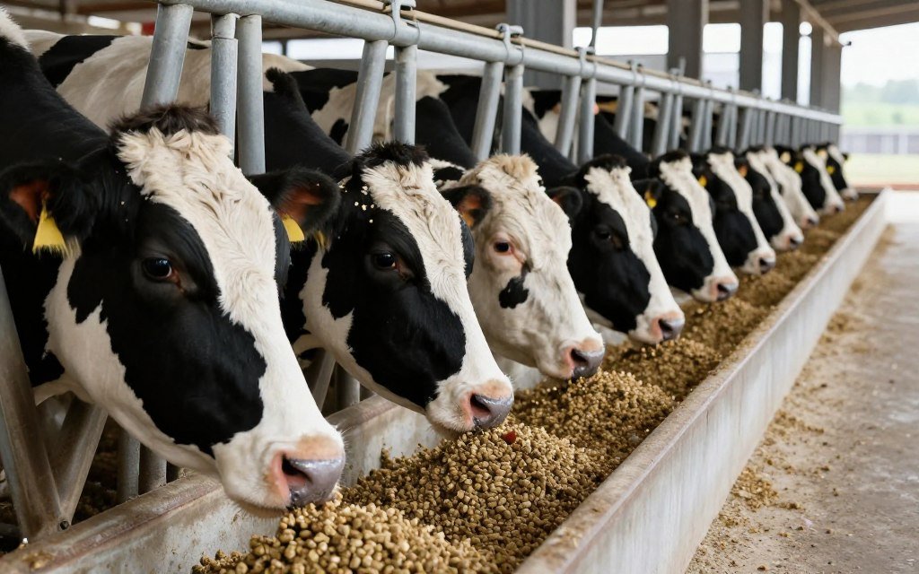 cattle eating pelleted feed from trough