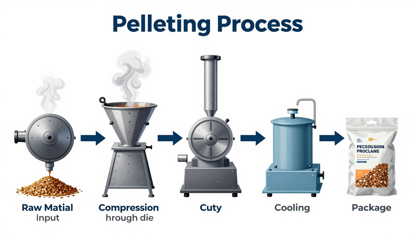 diagram showing pellet machine working process step by step
