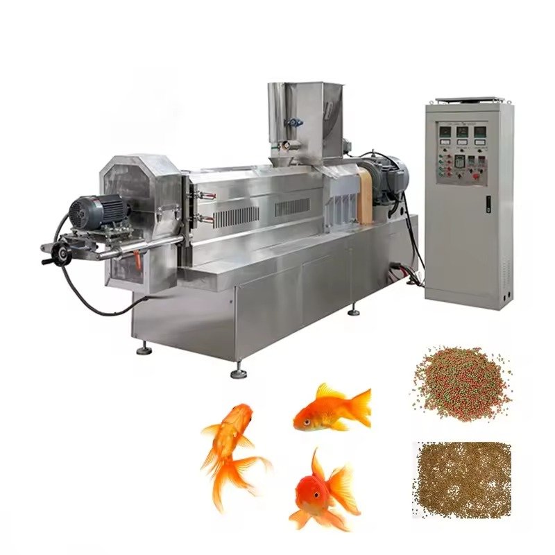 Modern fish feed production line facility showing both floating and sinking pellet manufacturing systems