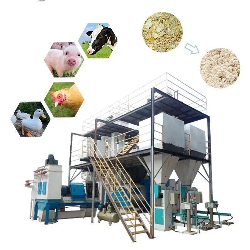 Modern poultry feed production line facility showing automated equipment and processing stations
