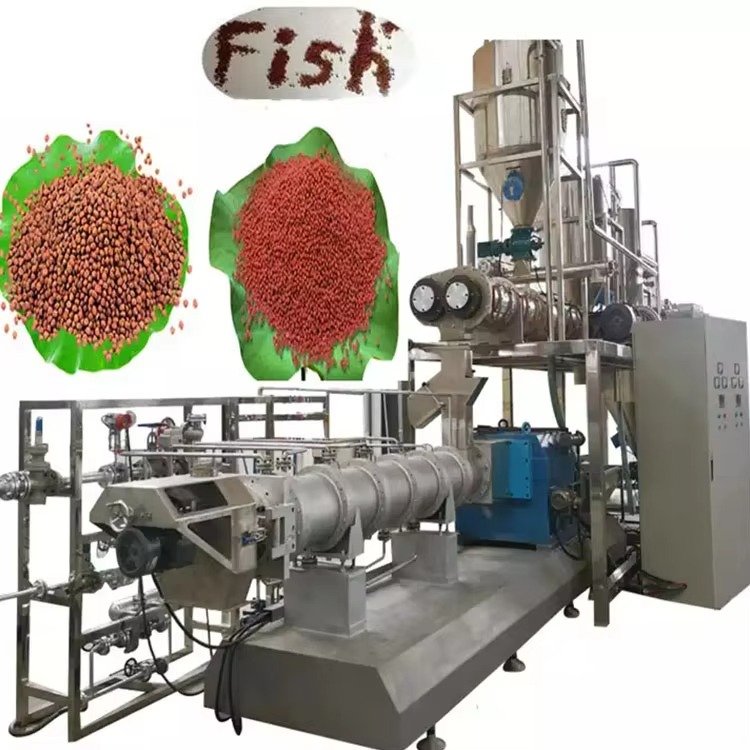 Modern aquatic feed production line facility showing automated pellet machines and packaging systems