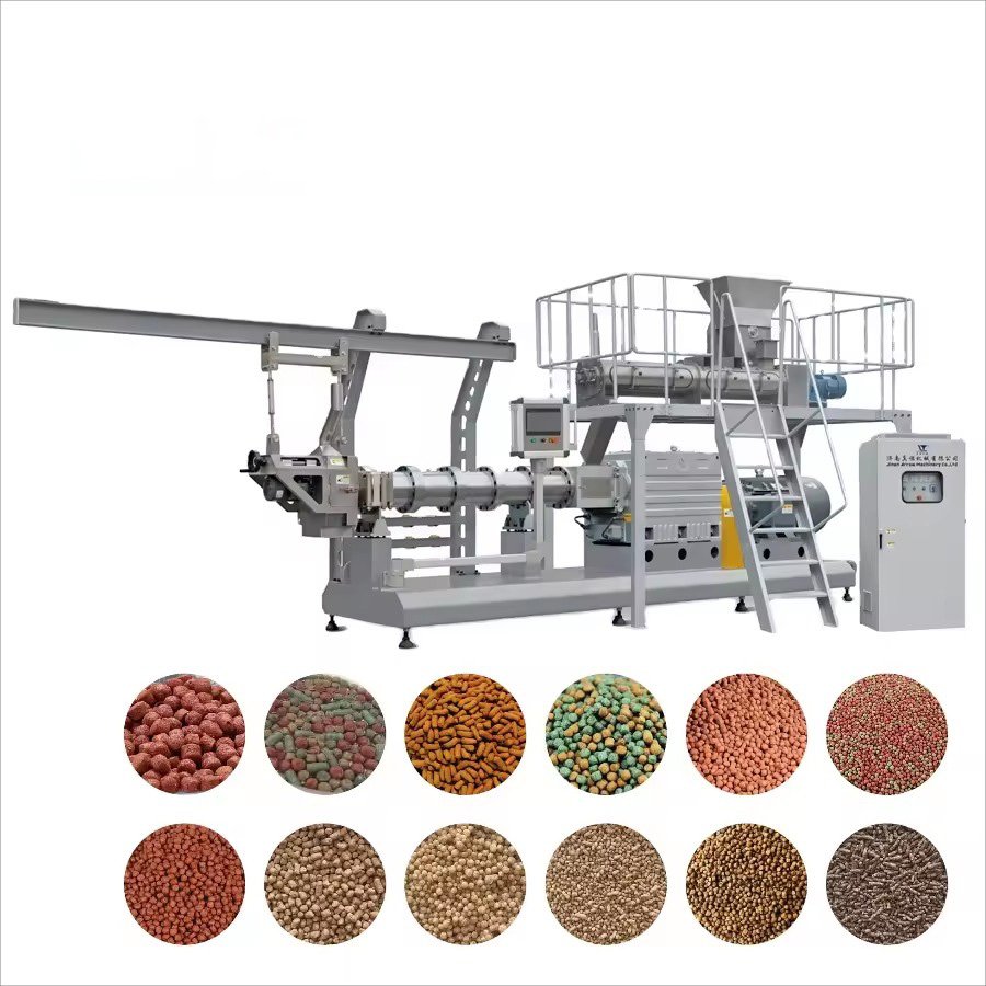 Modern cattle feed pellet production line factory floor with conveyor systems and processing equipment