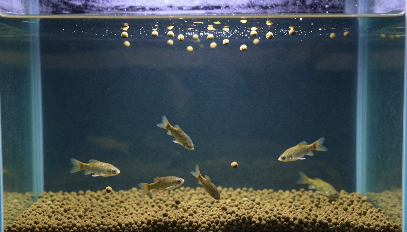 floating and sinking fish feed pellets in water