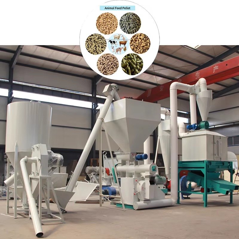 Complete cattle feed pellet production line showing all major components