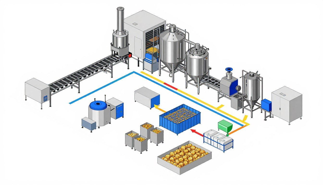 3D layout diagram of medium-scale feed production line showing equipment placement