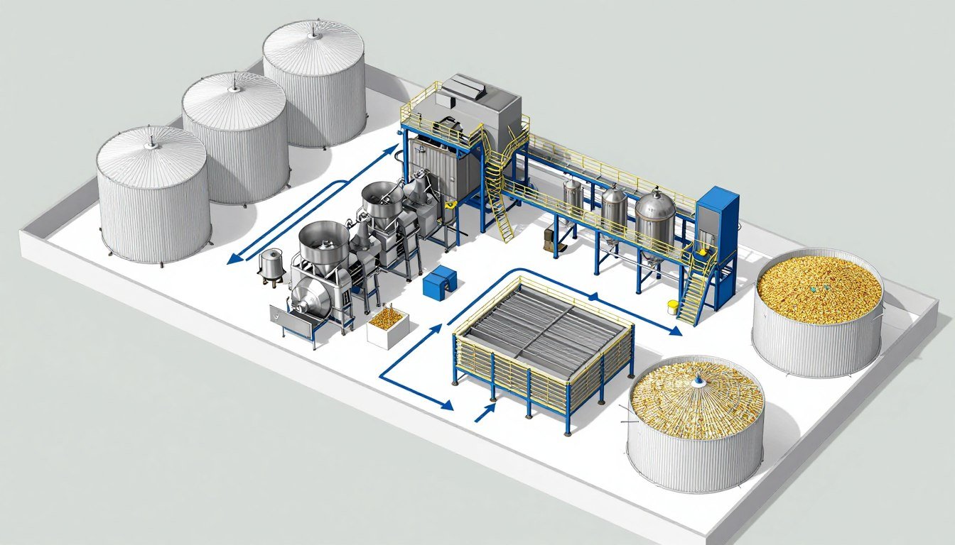 Aqua feed production facility layout showing equipment placement and workflow