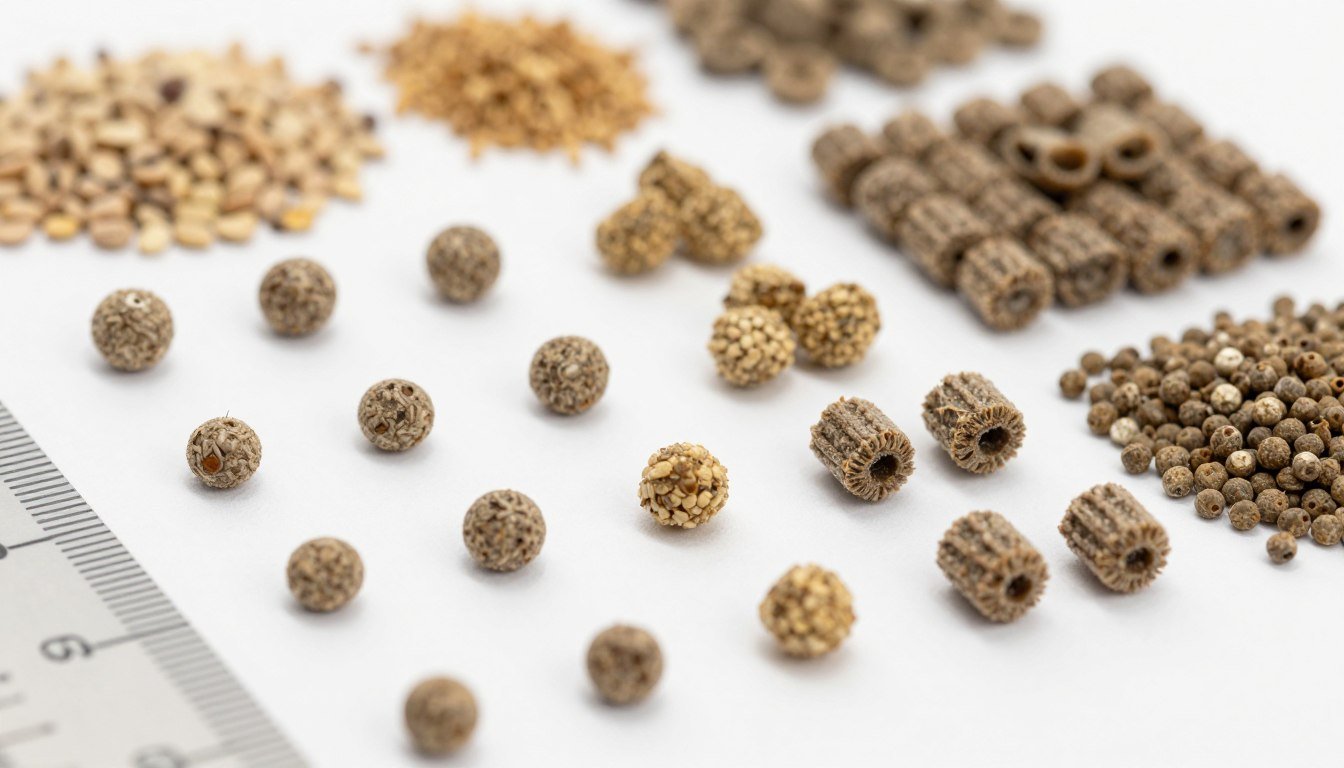 Array of different pellet sizes produced by MAIKONG machines