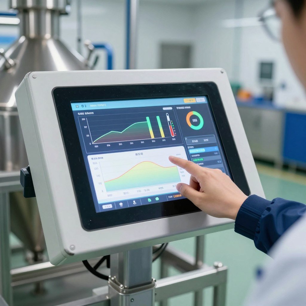 Automated control system interface for fish feed production line showing real-time monitoring