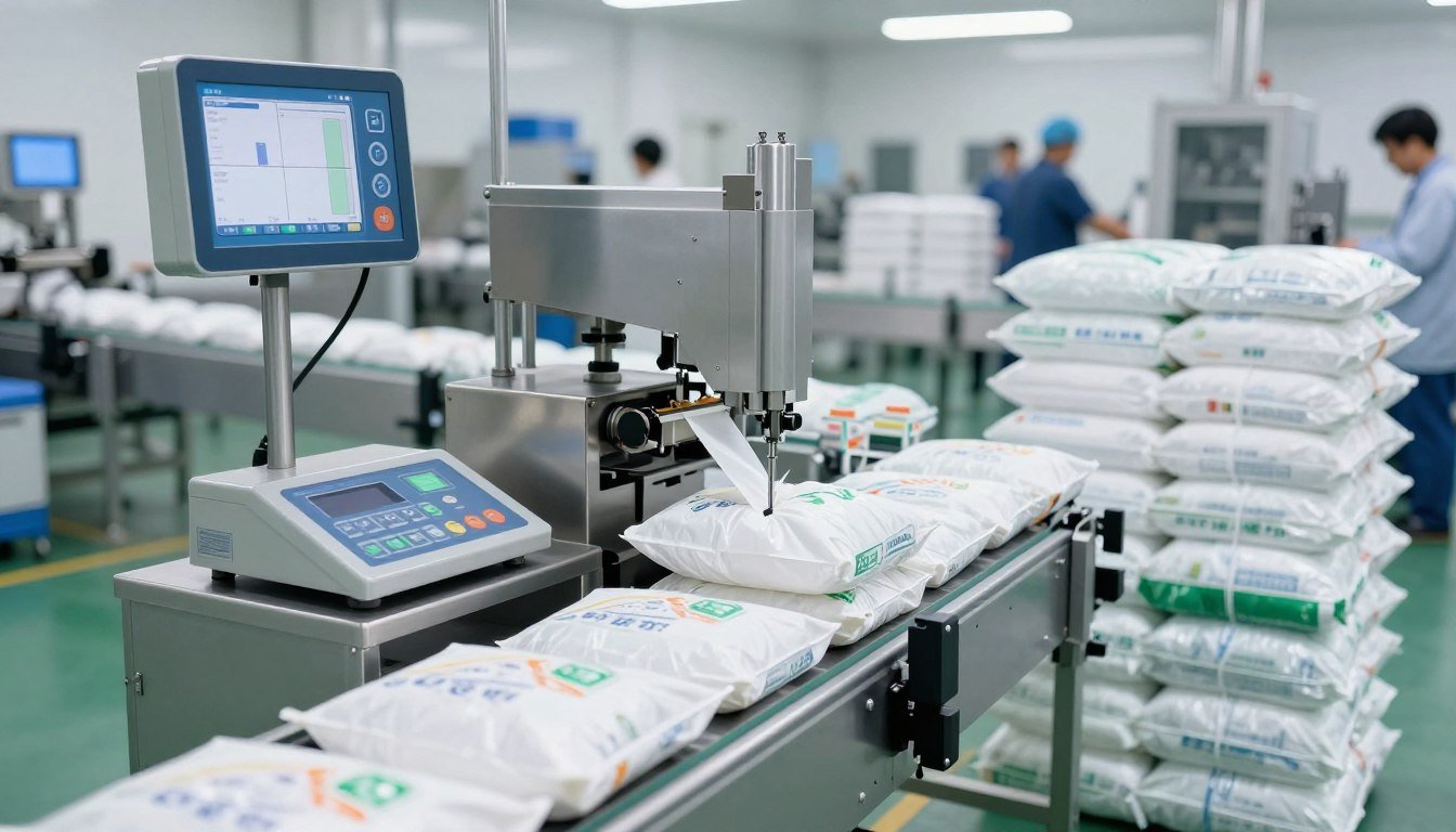 Automated feed bagging and packaging line with scales and sewing machines Automated feed bagging and packaging line with scales and sewing machines