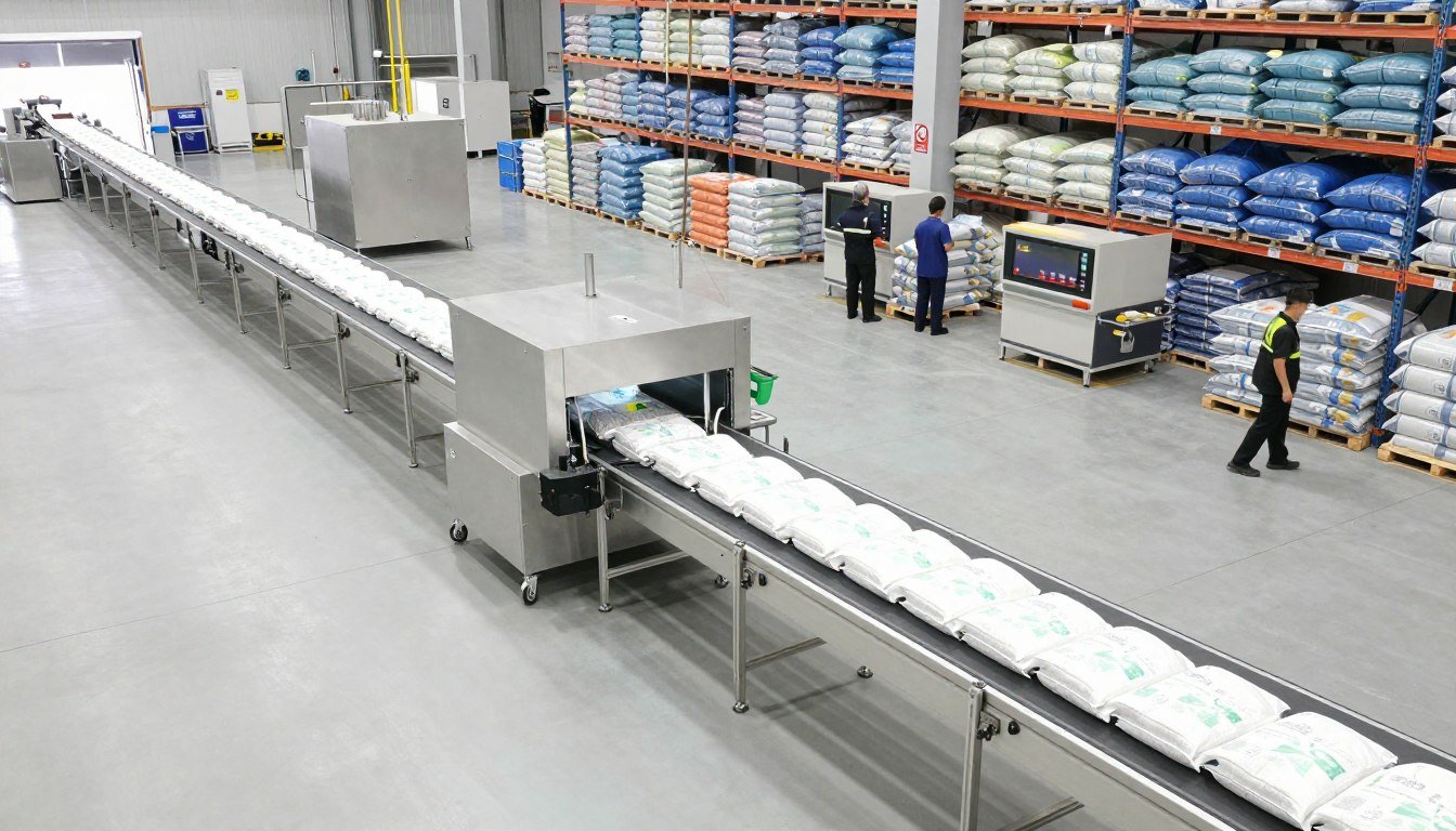 Automated feed bagging and palletizing operation Automated feed bagging and palletizing operation