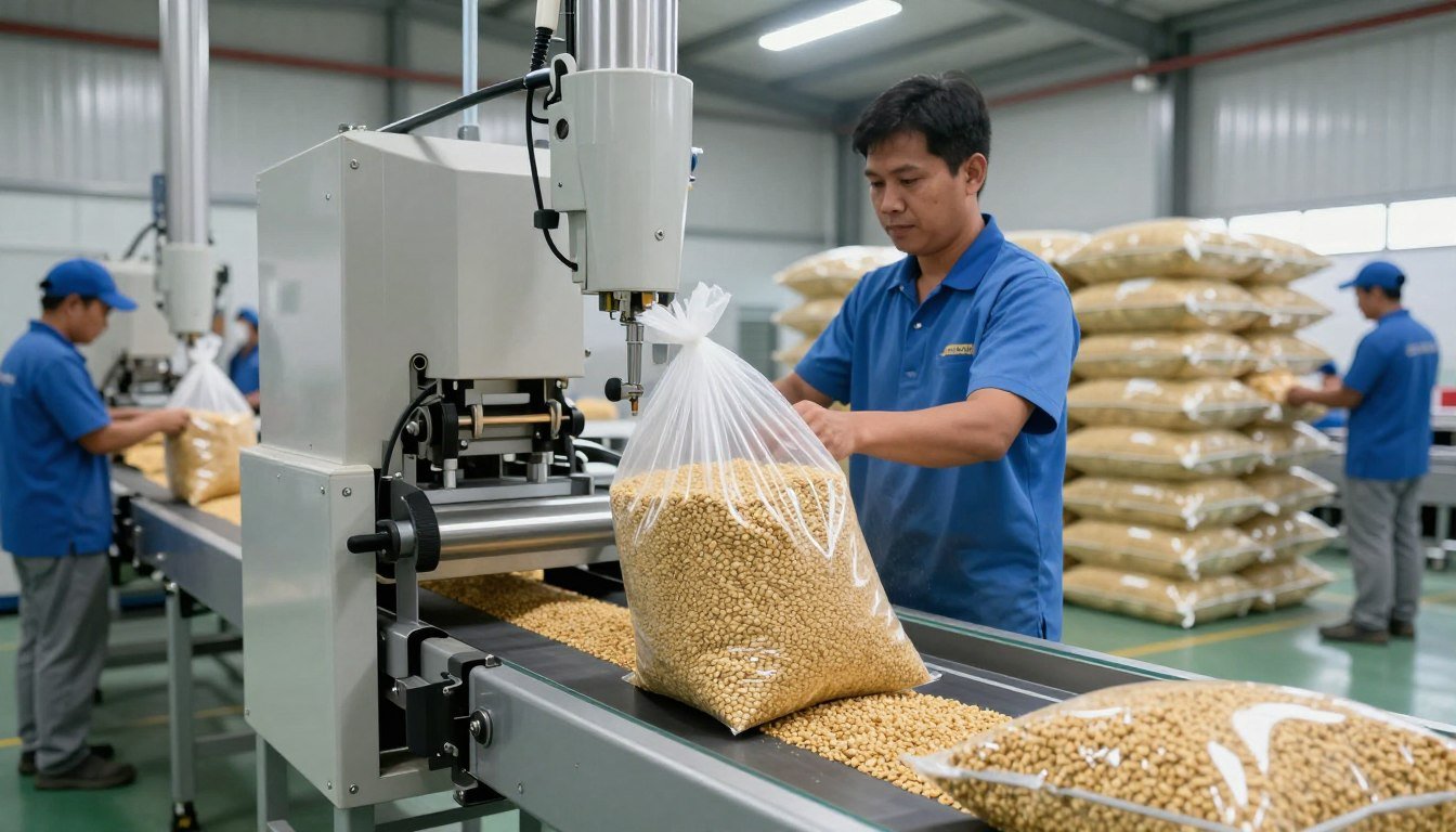Automated feed packaging line filling bags with poultry feed pellets Automated feed packaging line filling bags with poultry feed pellets