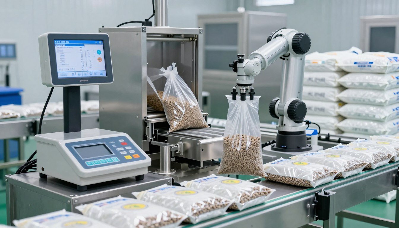 Automated fish feed packaging line filling and sealing bags