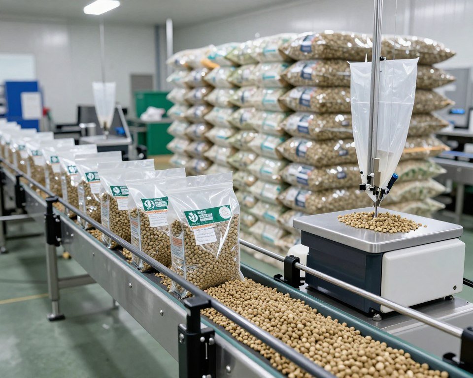 Automated fish feed packaging line with bag filling and sealing