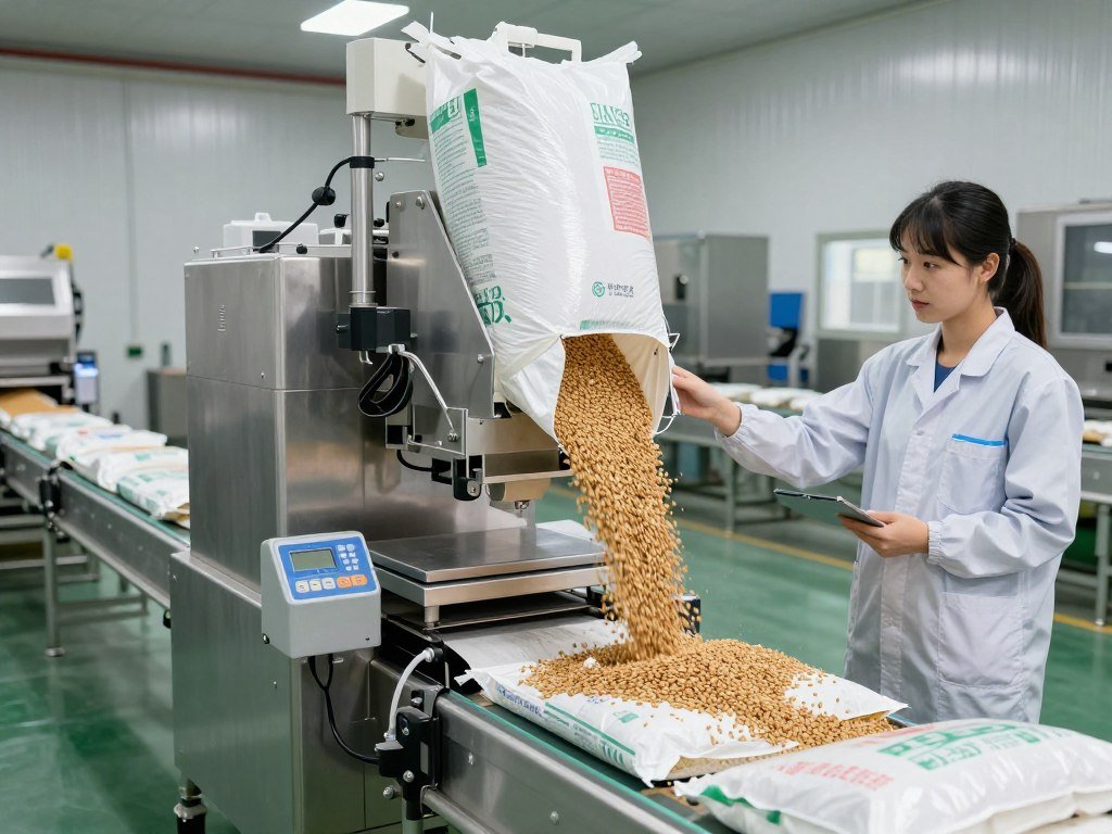 Automatic bagging and weighing system for finished feed pellets