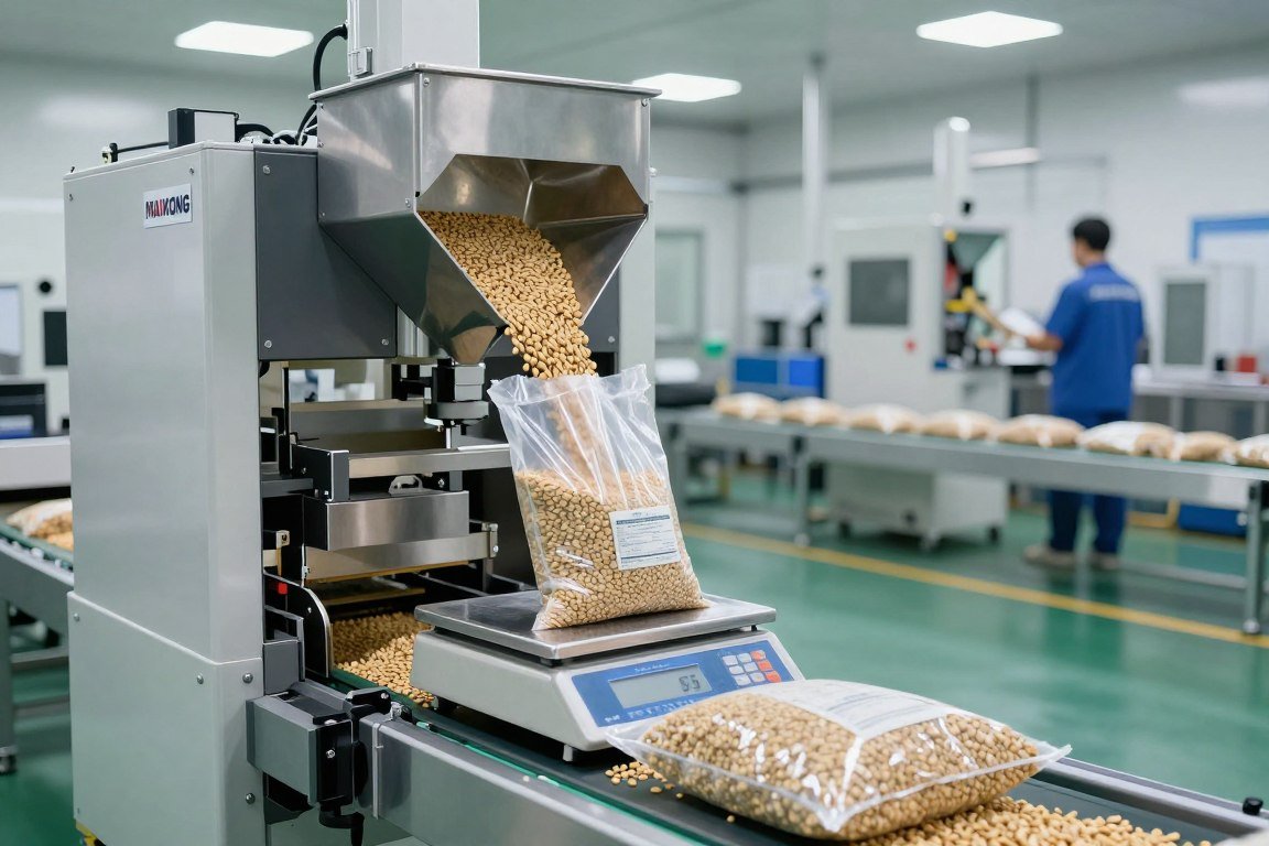 Automatic packaging machine filling and sealing 25kg bags of aqua feed pellets