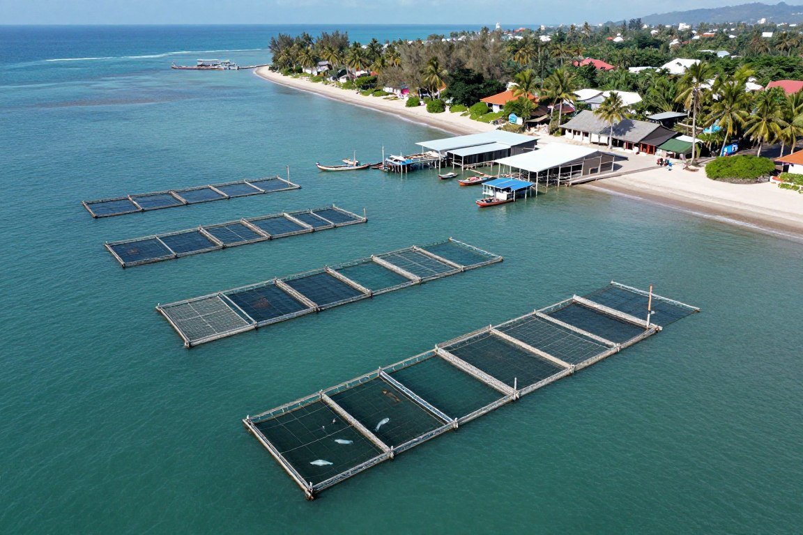 Bangus fish cages with feed mill facility on shore