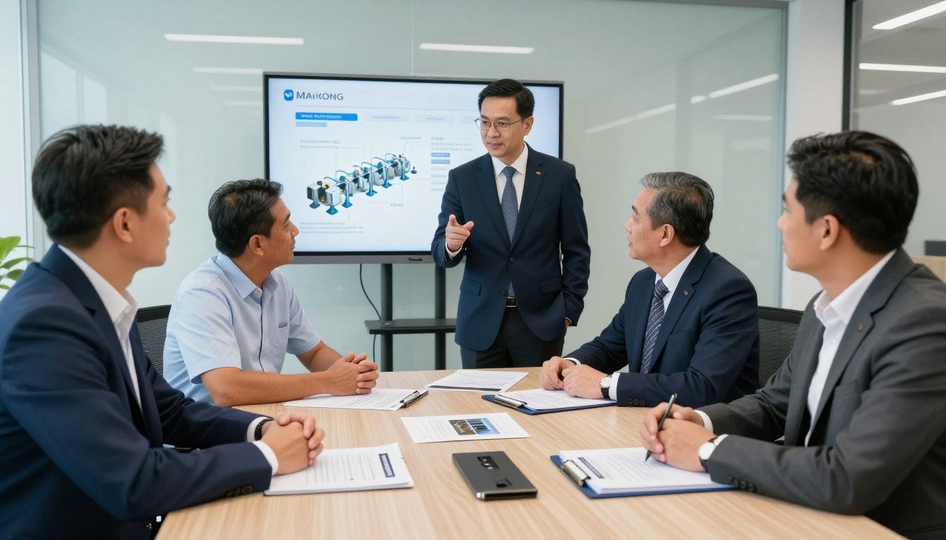 Business meeting between supplier and customer reviewing proposals Business meeting between supplier and customer reviewing proposals