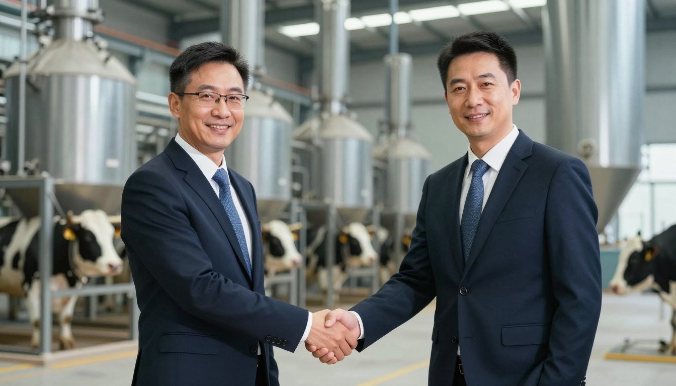 Business partners shaking hands in front of MAIKONG cattle feed production line equipment