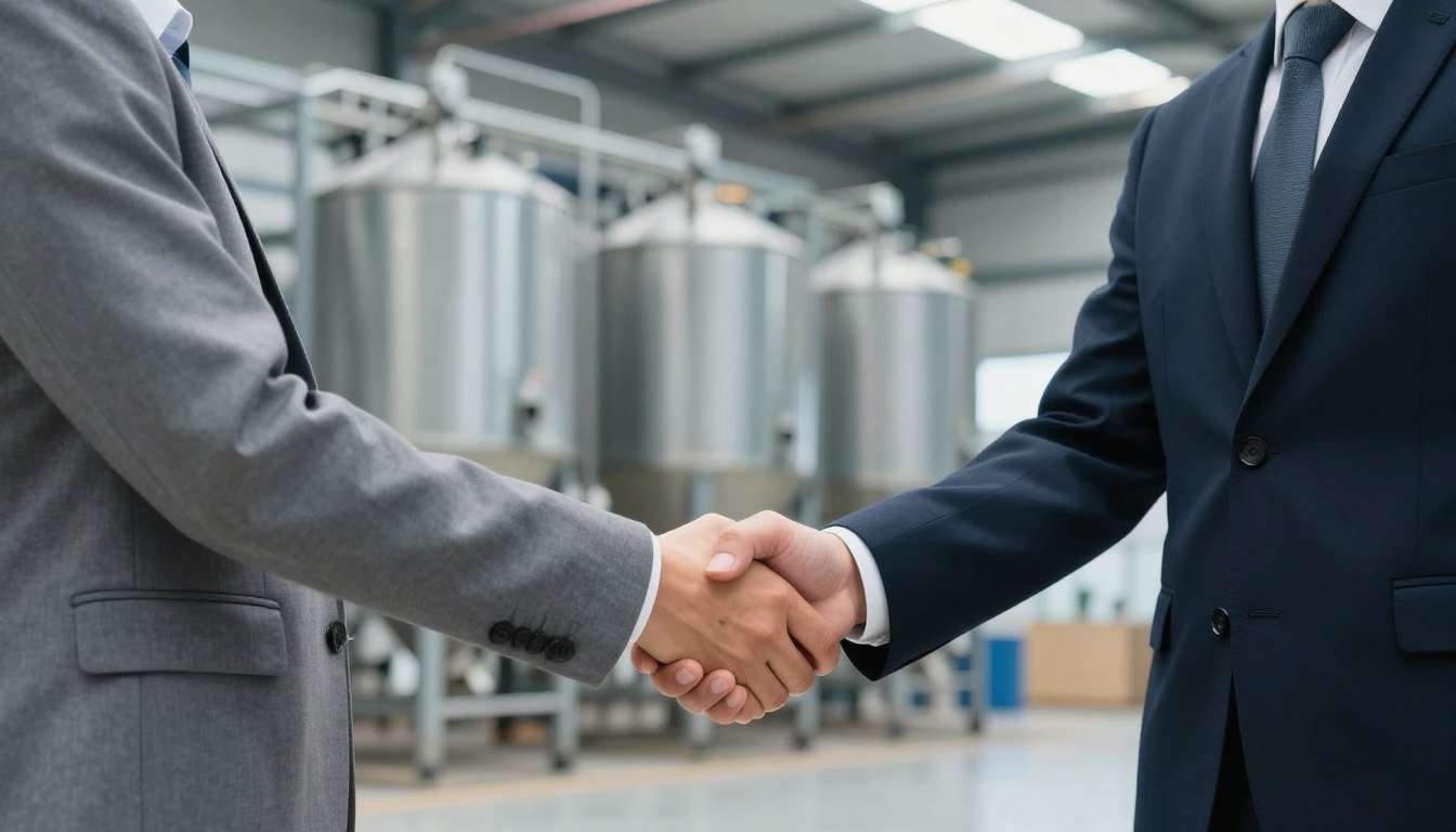 Business partnership handshake in industrial setting