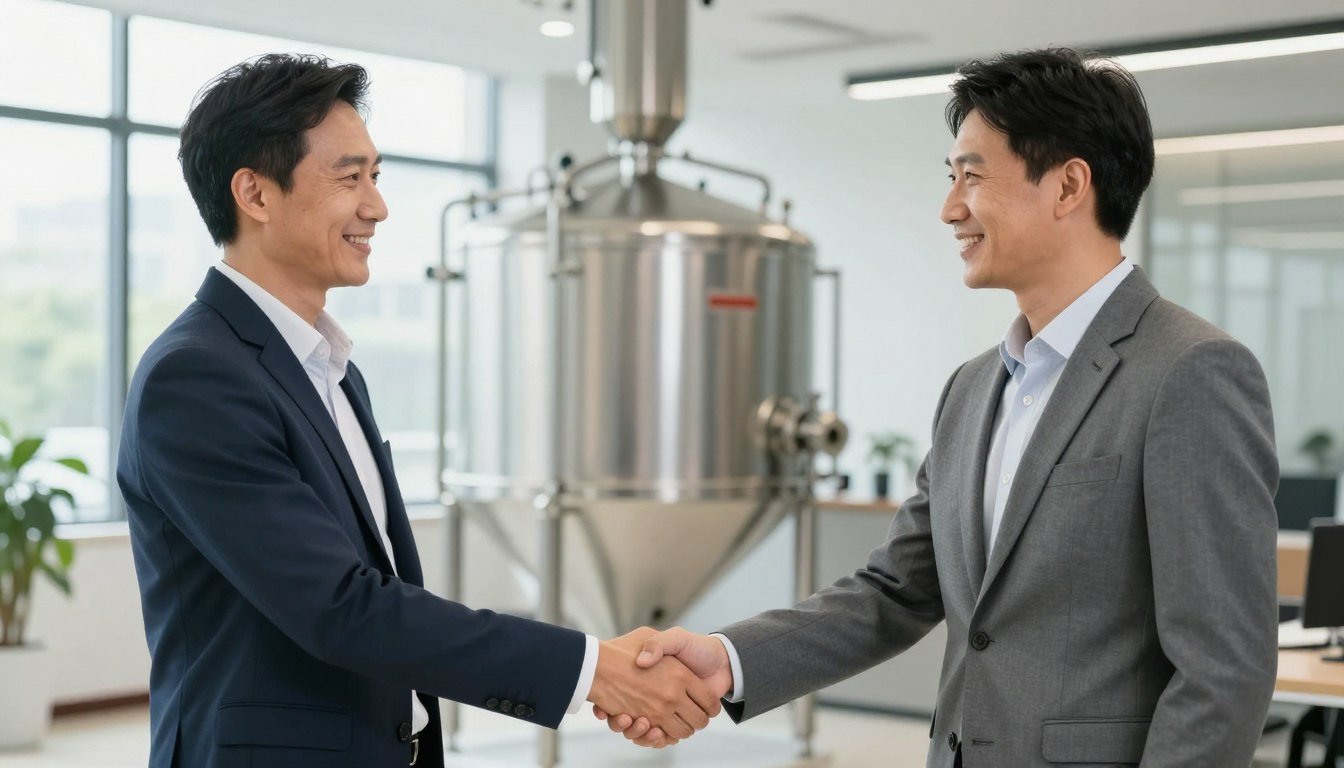 Business partnership handshake with MAIKONG equipment in background Business partnership handshake with MAIKONG equipment in background