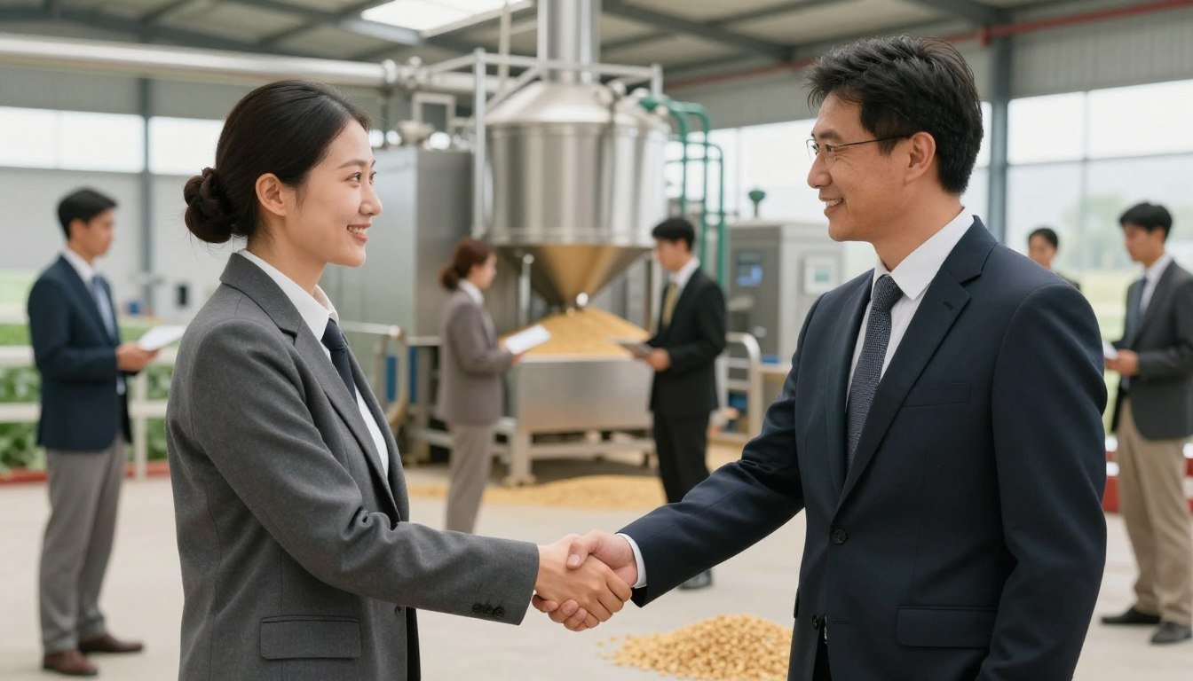 Business partnership handshake with farm equipment background