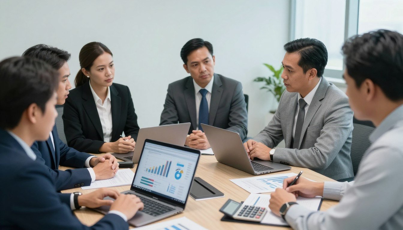 Business people analyzing feed mill investment ROI