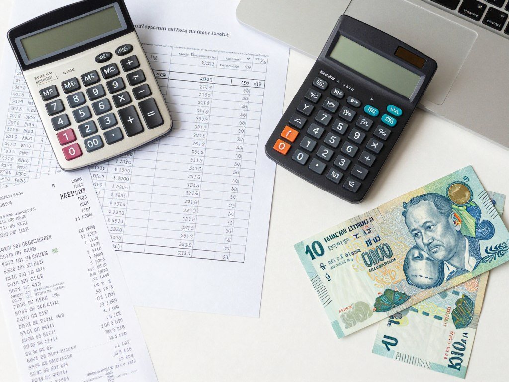 Calculator and financial documents showing feed cost savings analysis