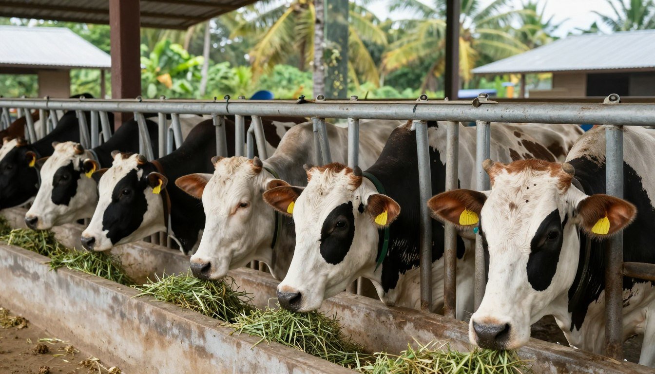 Cattle eating alfalfa pellets in Philippine farm setting