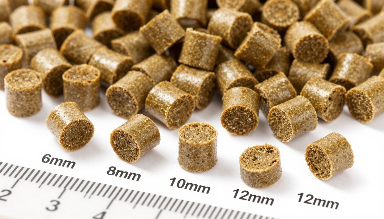 Cattle feed pellets of different sizes for various stages of cattle growth