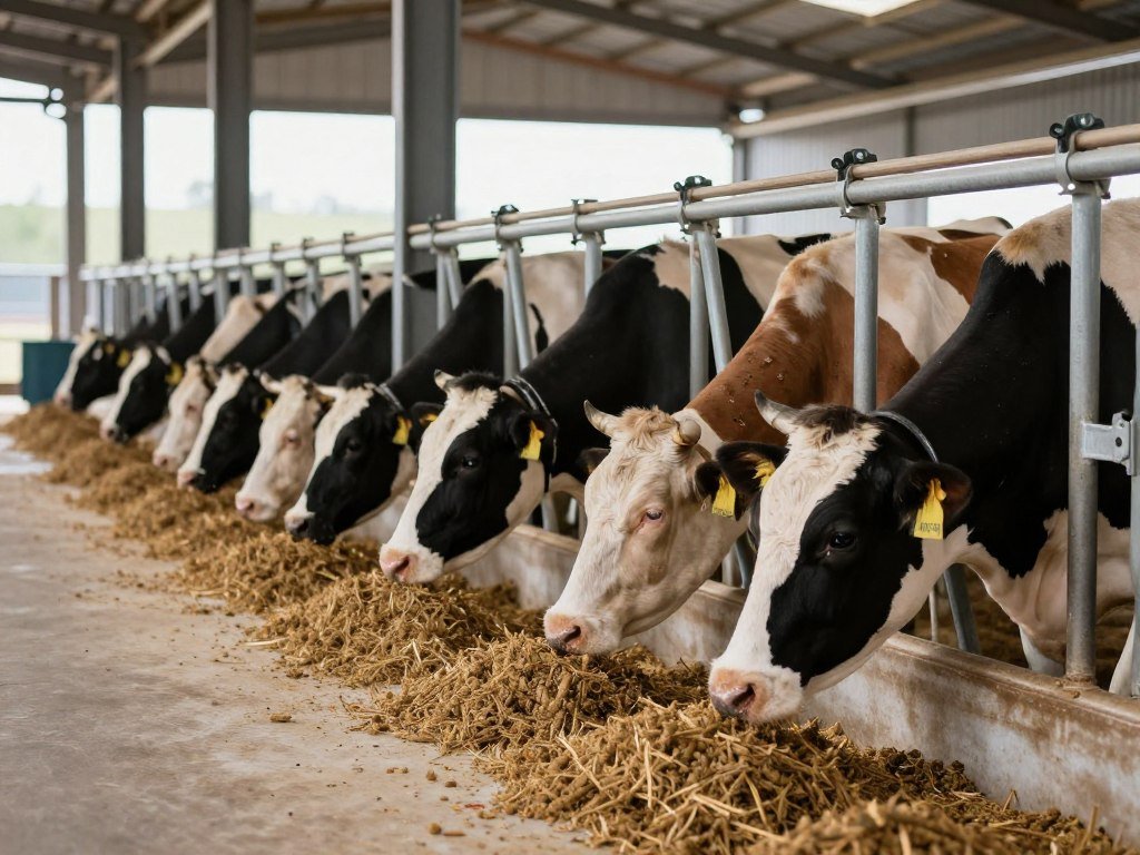 Cattle feeding from pelletized feed in modern dairy farm
