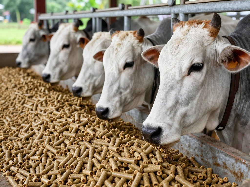 Cattle feeding on high-quality feed pellets