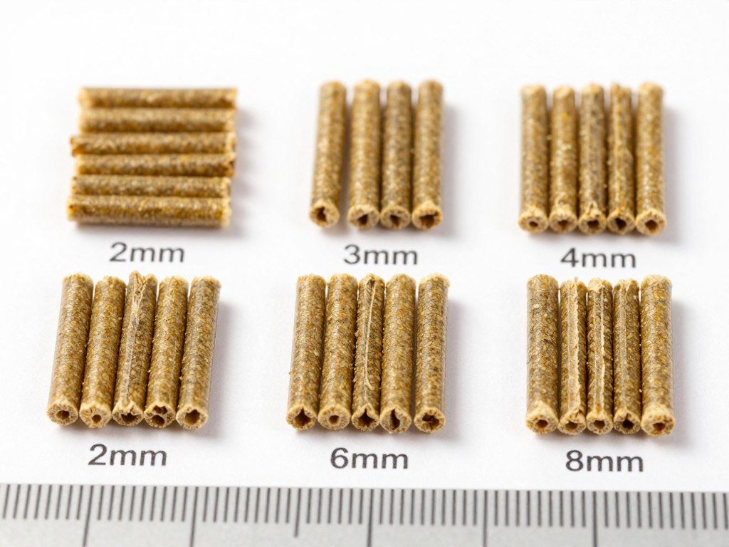 Chicken feed pellet samples of various sizes Chicken feed pellet samples of various sizes