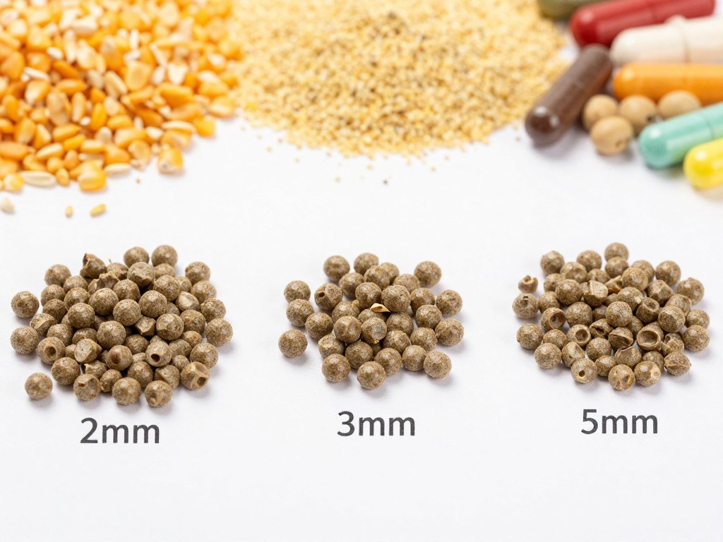 Chicken feed pellets of various sizes displayed with raw materials