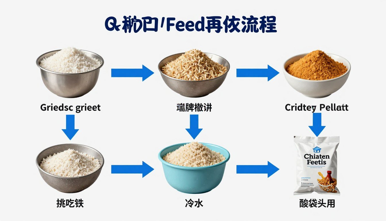 Chicken feed production process flowchart diagram showing all processing stages