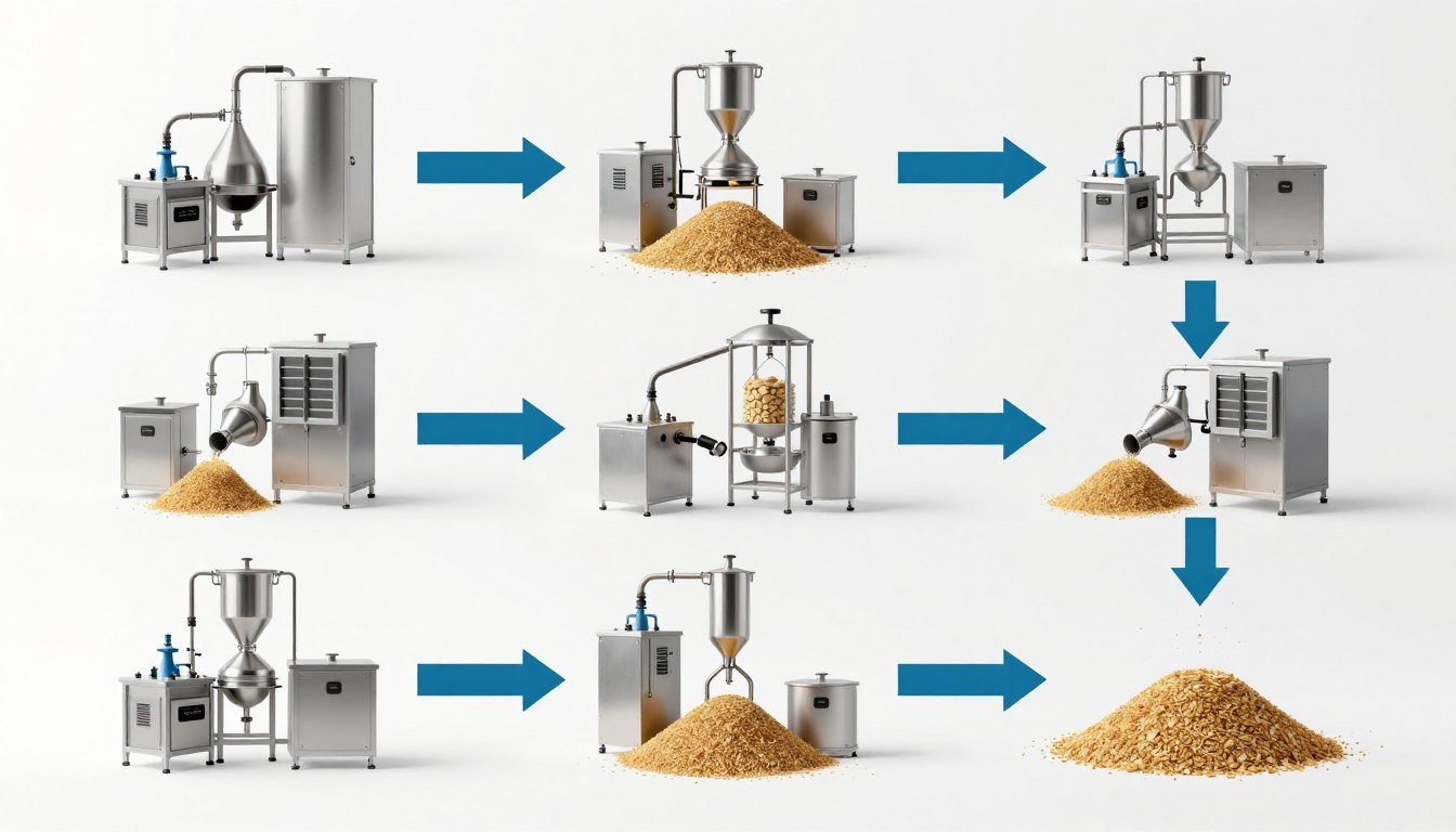 Chicken feed production process flowchart showing all manufacturing stages