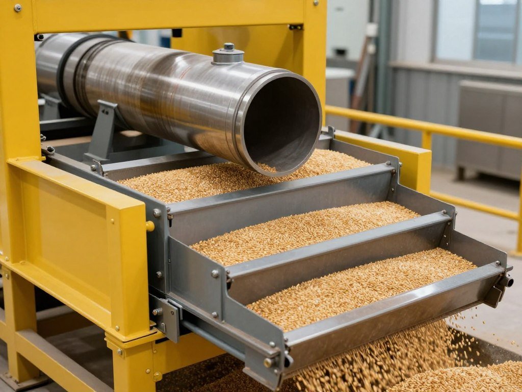 Cleaning section of feed production line showing magnetic separator and vibrating screen