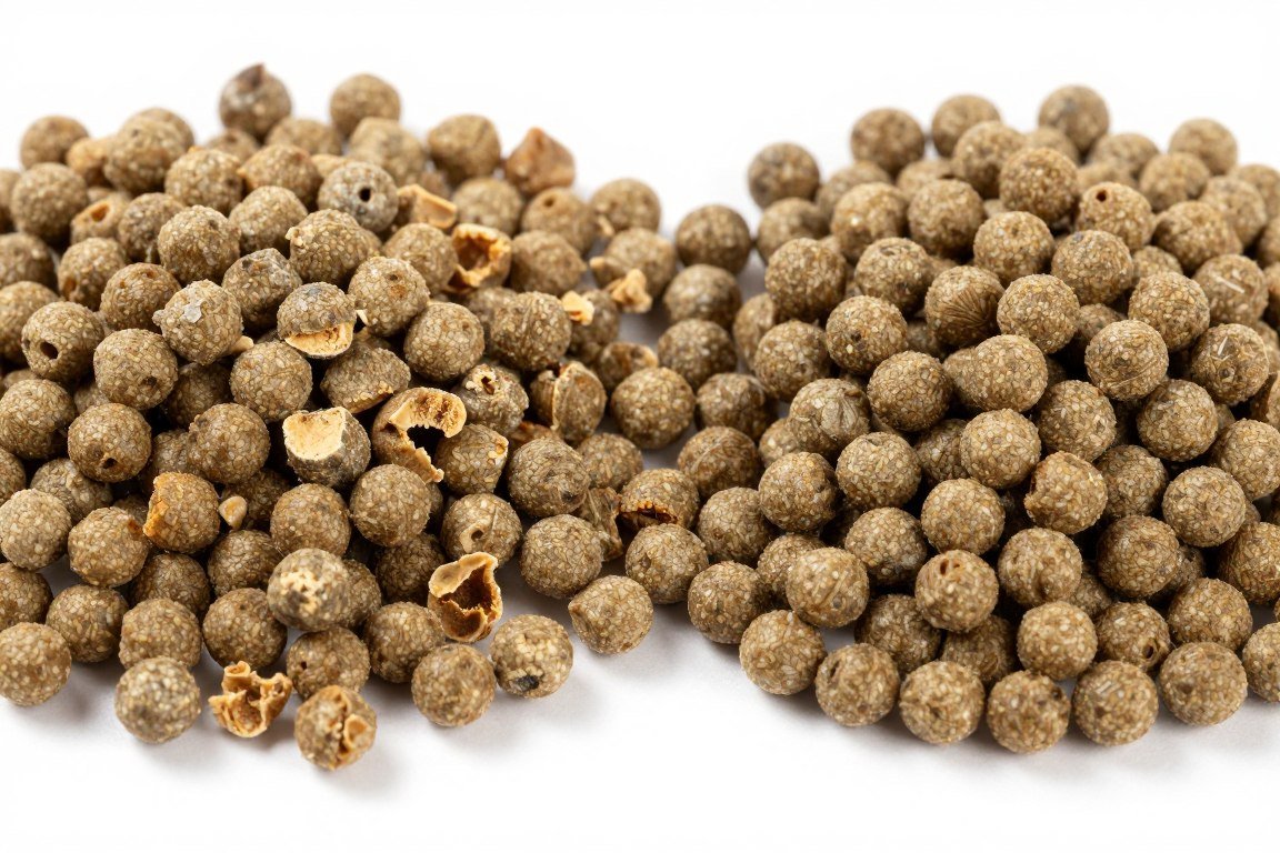 Close-up comparison of traditional vs production line feed pellets quality